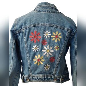 Vintage Gap Denim Floral Embroidery Boho Bohemian Cropped Jean Jacket Small